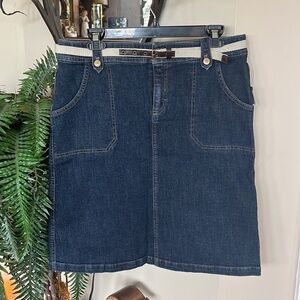 Brand New Izod Blue Denim Cotton Jean Skirt Pockets Knee Length w/ Belt Included